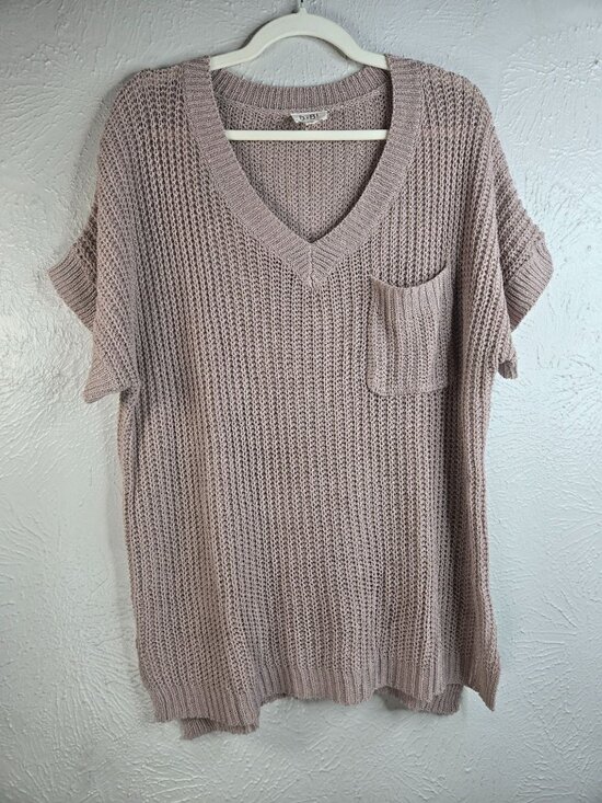 BiBi Tops - Open Knit Oversized Top Med Taupe Short Sleeve Realaxed Slouchy Cover Up Shirt